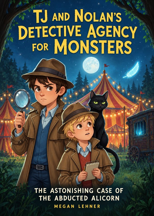 Cover of Case File 001: two brothers in trench coats and a large black cat, in front of circus tents at night