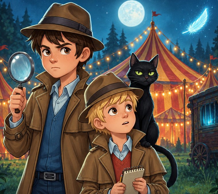TJ, holding a magnifying glass, and Nolan, holding a notebook, both in brown hats and trench coats, with a black cat on Nolan’s shoulder